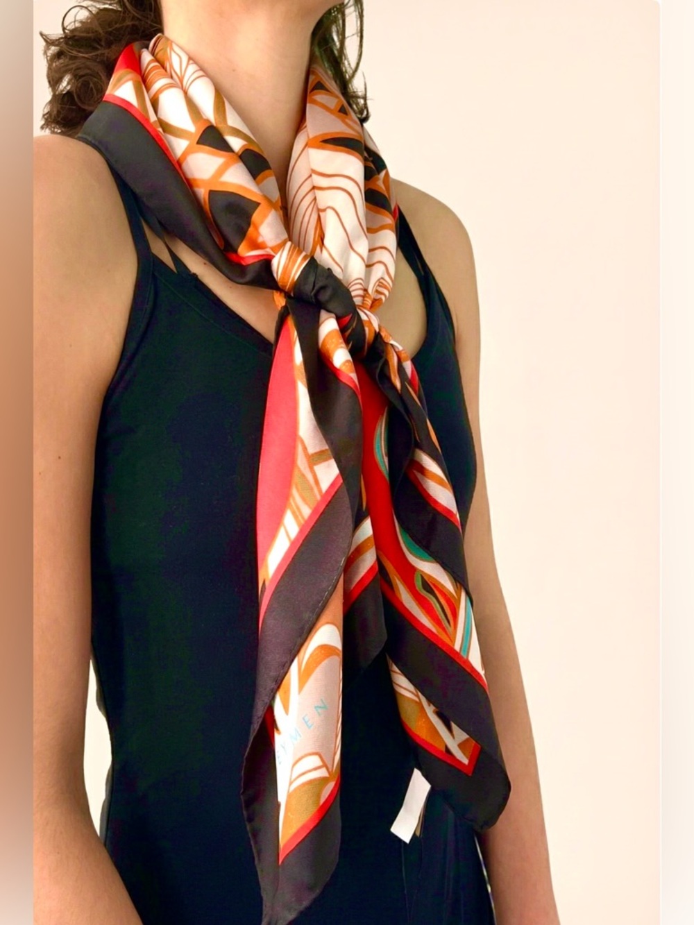 🎁🆕 Graphic Silk Scarf Kaleidoscope Print Orange Teal Black Square by Beymen🇹🇷
